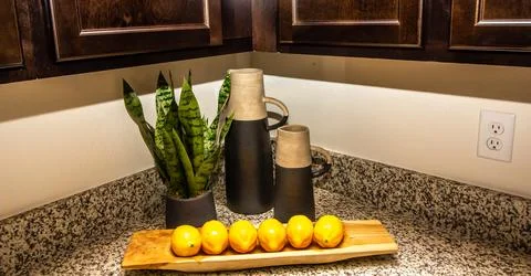 Decorator Items On Modern Kitchen Counter Foto stock