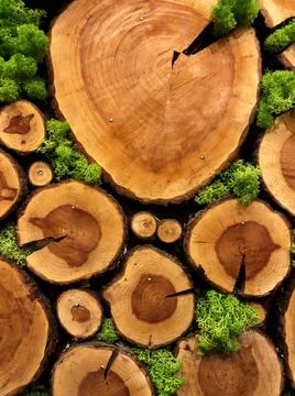 Decore background moss between cross section of the tree Stock Photos