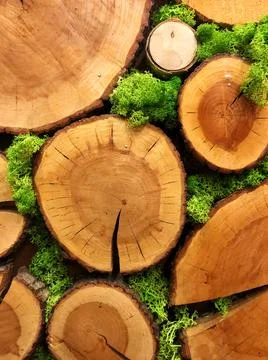 Decore background moss between cross section of the tree Stockfoto's