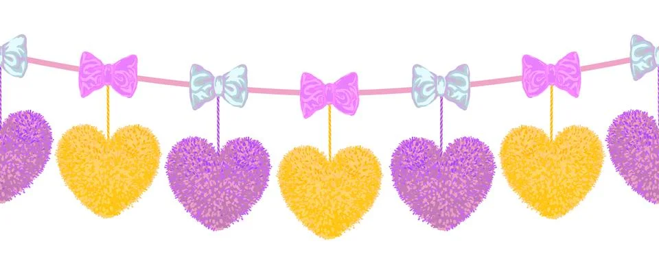 Decortive elements with pom-poms in the shape of a heart and bows Illustrazione stock