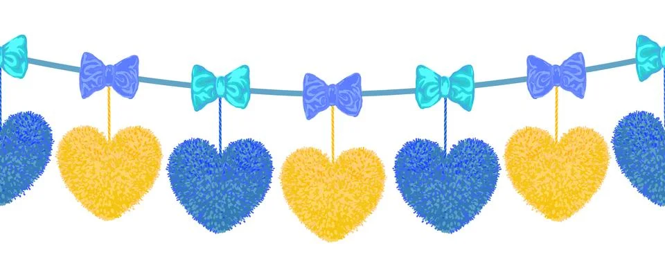Decortive elements with pom-poms in the shape of a heart and bows Stockillustratie
