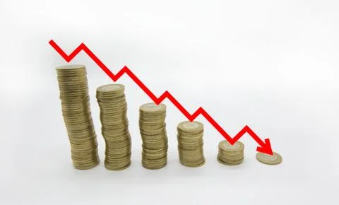 Decrease arrow on ten mexican pesos coins Stock Photos