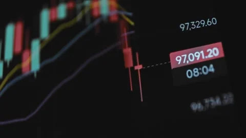 Decrease of Bitcoin price on candlestick chart Stockbeeldmateriaal 302714653
