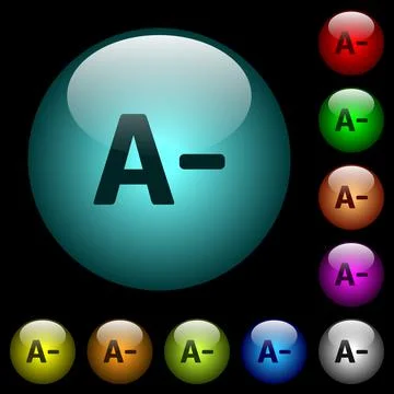 Decrease font size icons in color illuminated glass buttons Stockillustratie