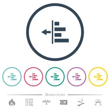 Decrease left indentation of content flat color icons in round outlines Illustrazione stock