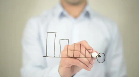 Decrease,  Man writing on transparent screen Stockbeeldmateriaal 62996712