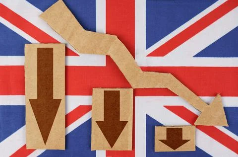 Decrease statistics concept. On the flag of Great Britain there are chart fig 스톡 사진