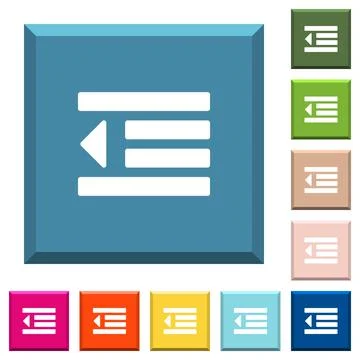 Decrease text indentation white icons on edged square buttons Stock Illustration