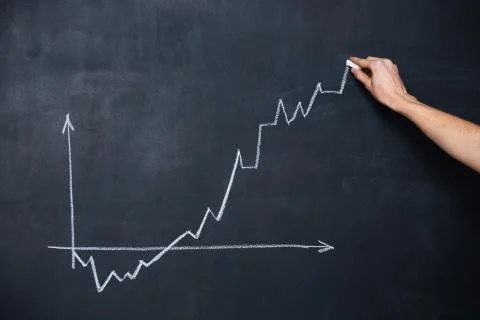 Decreasing and increasing graph on chalkboard Stockfoto's