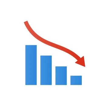 Decreasing arrow and bar graph icon. Decline in business performance. Vector. Stockillustratie