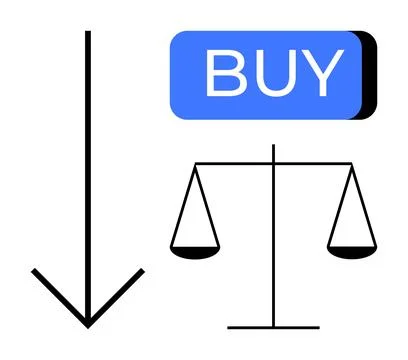 Decreasing Arrow, Buy Button, and Balance Scale Highlighting Financial Concep 스톡 일러스트