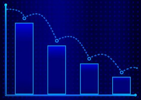 Decreasing bar graph with blue arrow . Isometric bar graph with two axes an.. Illustrazione stock