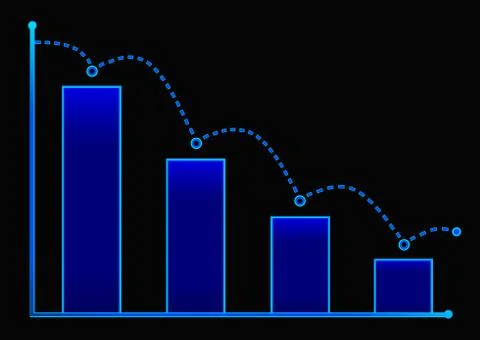 Decreasing bar graph with blue arrow . Isometric bar graph with two axes an.. Stock Illustration