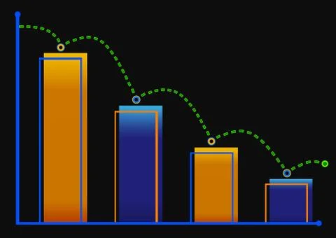 Decreasing bar graph with green arrow . Isometric bar graph with two axes a.. Stock Illustration