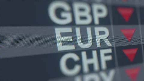 Decreasing Euro exchange rate indicator. EUR forex ticker 3D rendering Stock Illustration