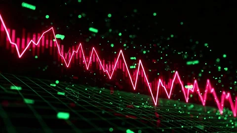 Decreasing graph with red neon line on green grid background footage Stock Footage 327523856