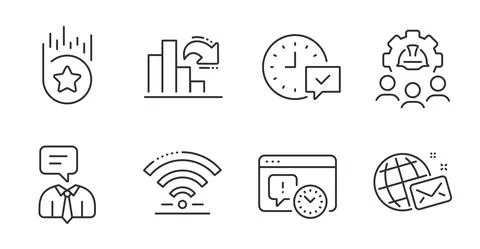 Decreasing graph, Wifi and World mail icons set. Engineering team, Support Stock Illustration