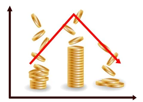 Decreasing piles of coins with going down graph. Concept for financial fall. Stock Illustration