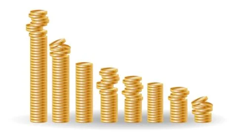 Decreasing piles of coins with going down graph. Concept for financial fall. Иллюстрация