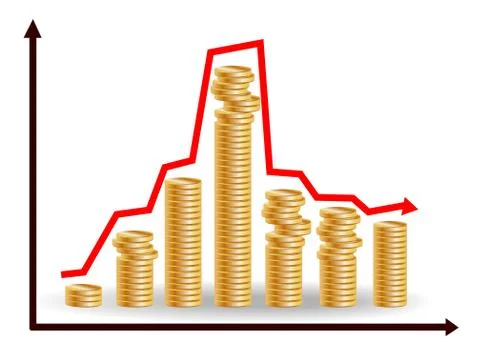 Decreasing piles of coins with going down graph. Concept for financial fall. Stock Illustration