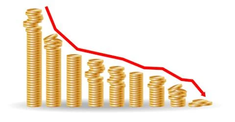 Decreasing piles of coins with going down graph. Concept for financial fall. Stock Illustration