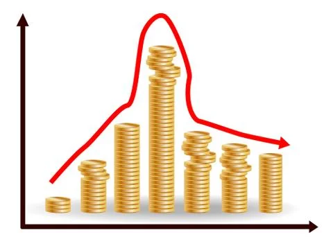 Decreasing piles of coins with going down graph. Concept for financial fall. Stock Illustration
