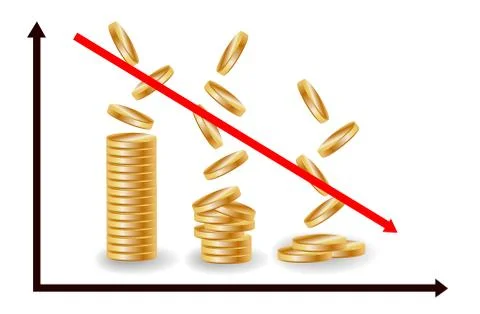 Decreasing piles of coins with going down graph. Concept for financial fall. Stock Illustration