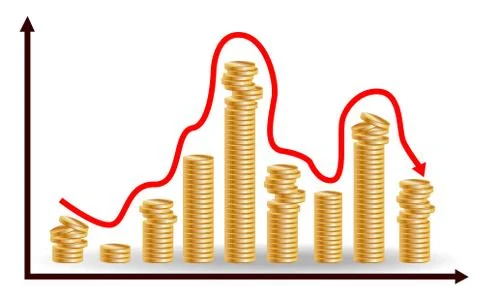 Decreasing piles of coins with going down graph. Concept for financial fall. Stock Illustration
