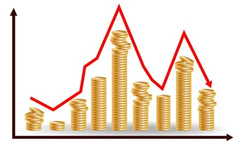 Decreasing piles of coins with going down graph. Concept for financial fall. Stock Illustration
