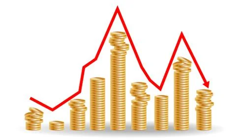 Decreasing piles of coins with going down graph. Concept for financial fall. Stock Illustration