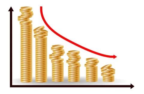 Decreasing piles of coins with going down graph. Concept for financial fall. Stock Illustration