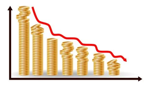 Decreasing piles of coins with going down graph. Concept for financial fall. Stock Illustration