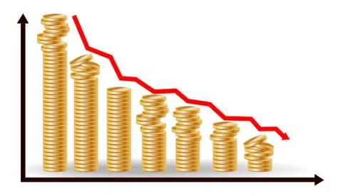 Decreasing piles of coins with going down graph. Concept for financial fall. Stock Illustration