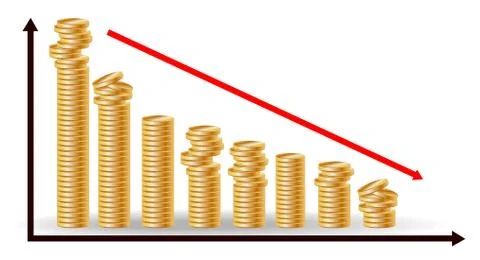 Decreasing piles of coins with going down graph. Concept for financial fall. Stock Illustration