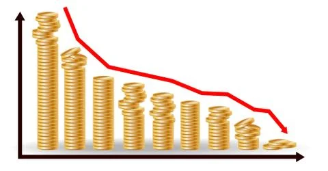 Decreasing piles of coins with going down graph. Concept for financial fall. Stock Illustration