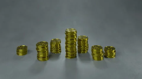 Decreasing stacks of gold coins 3D render animation 4k UHD 3840x2160 Stock Footage 109078389