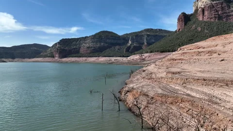 Decreasing water level in lake of Spain during heavy heat waves, aerial Video stock 238744596