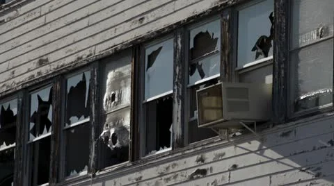 Decrepit Gaping Broken Windows Abandoned Building Flapping Burlap Stock Footage 21258896