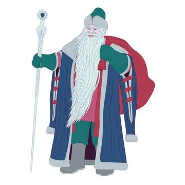 Ded Moroz with bag behind his back and staff. Stock Illustration