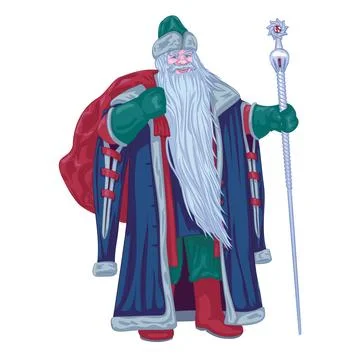 Ded Moroz with bag behind his back and staff. Stock Illustration