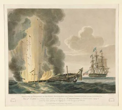 Dedicated¦The Java in a sinking state, set fire to¦the Constitution : Plat. Stock Photos