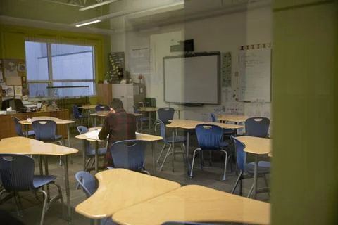 Dedicated junior high boy student studying in classroom Stock Photos