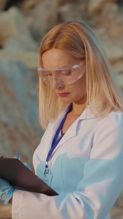 A dedicated scientist observes a geological formation wearing safety protective Stock Footage 314207597