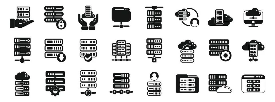 Dedicated server icons set. Hosting and cloud storage icons depicting data ce Stock Illustration