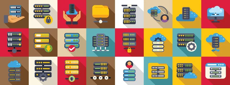 Dedicated server icons set. Server racks providing data storage, cloud comput Stock Illustration