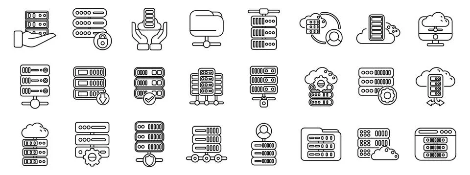 Dedicated server icons set. Set of server rack icons depicting various aspect 스톡 일러스트