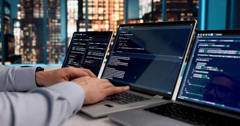Dedicated Software Developer Immersed In Coding Web Applications At Office De 写真素材