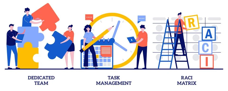 Dedicated team, task management, RACI matrix concept with tiny people. Deve.. Stock Illustration