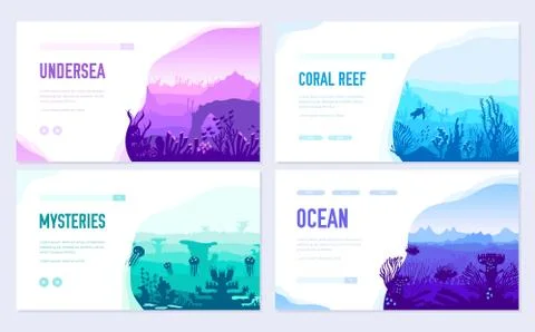 Dedicated to undersea vector brochure cards set. Coral reef in the ocean Stock Illustration