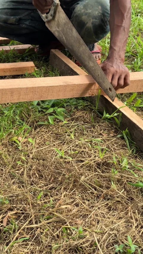 Dedicated Woodworker Expertly Cuts Timber Planks with a Handsaw on Grassy T.. Video stock 337286363